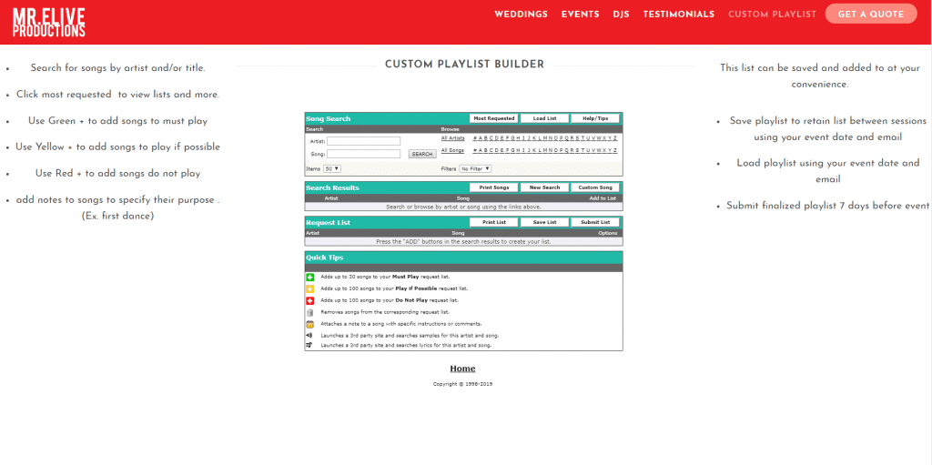 Custom playlist builder at MR.ELIVE PRODUCTIONS